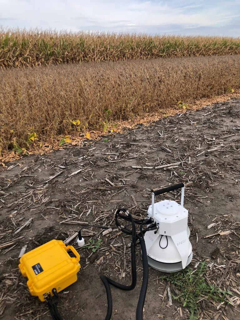 Aerial view of crop rows at a WCS-FARM dryland research plot